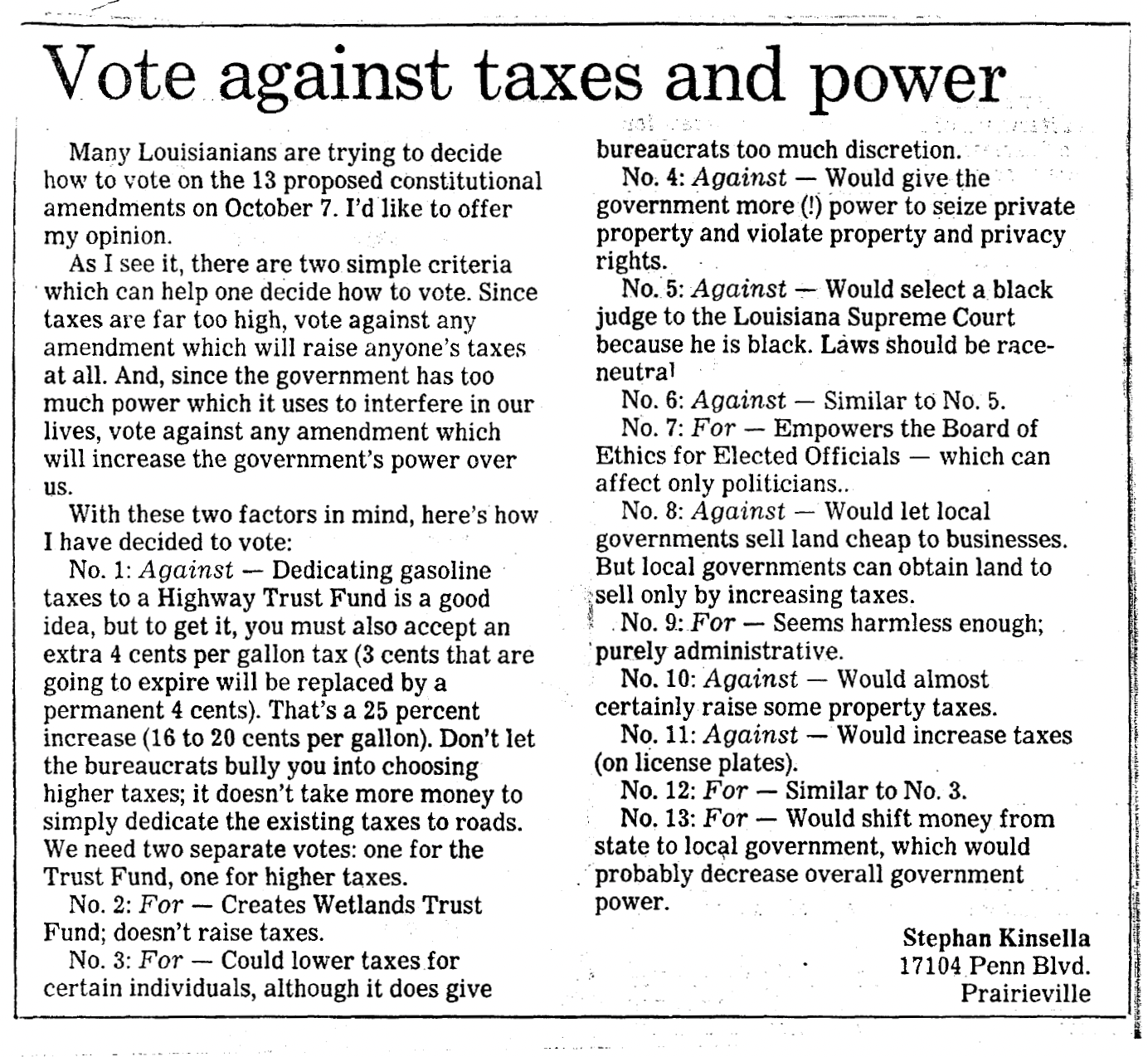 Letter to Editor re Louisiana’s Constitutional Amendments 1988